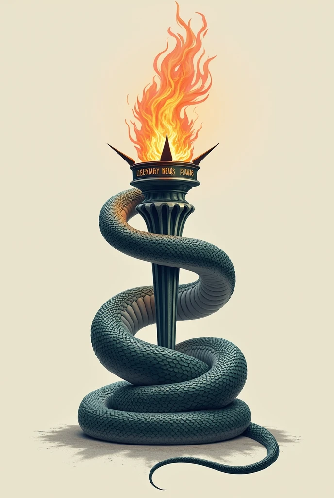 Cobra snake wrapped around a torch similar to the Statue of Liberty's torch, with capital letters in the middle of the image "libertary news" . Minimalist profile