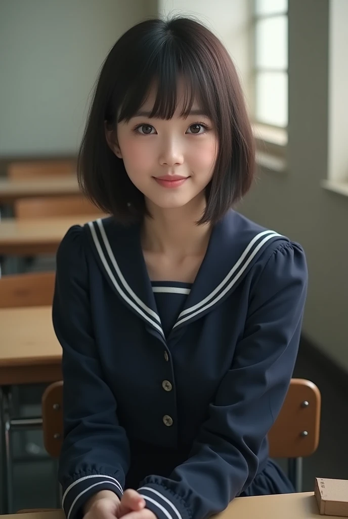 Highest quality, Face Focus, Soft Light, Ultra-high resolution, (Realistic:1.4), RAW Photos, 1 Japan, alone, cute, (A shy smile:0.5), (Brown eyes, Light in your eyes), Beautiful face in every detail, (Small box),(High resolution detail of human skin texture), (Short Bob Hair), break, In the classroom,Navy uniform, Best, skirt