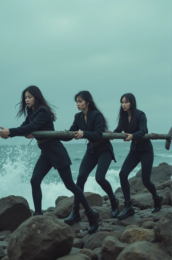 I'm taking photos for a new concept album. Create a concept photo of a girl group pulling an anchor