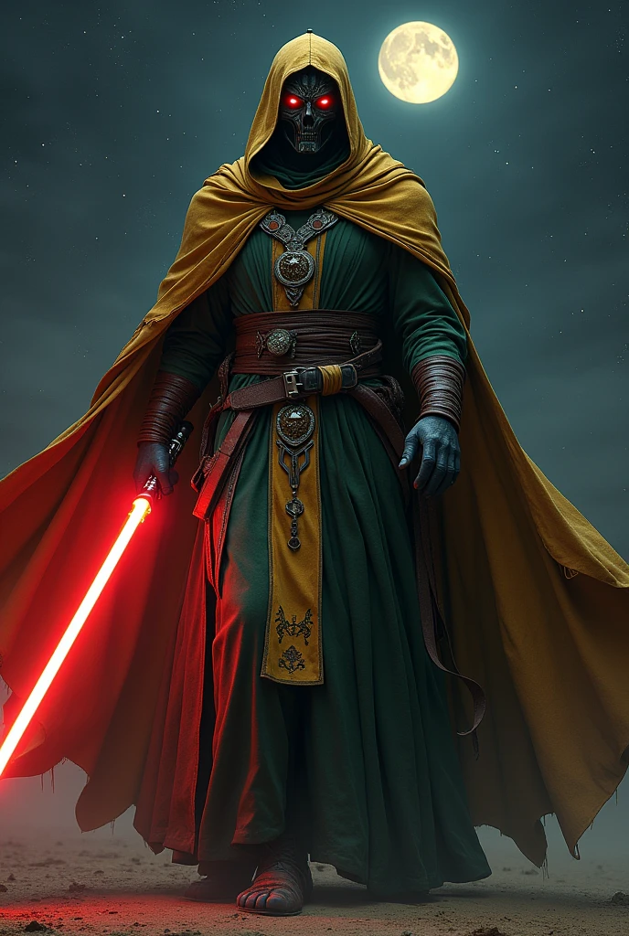 The country ghana as a Sith Lord from Star Wars, star on the Cape, colors yellow, darkgreen and red, red lightsaber, scary, frightening, ultra-realistic