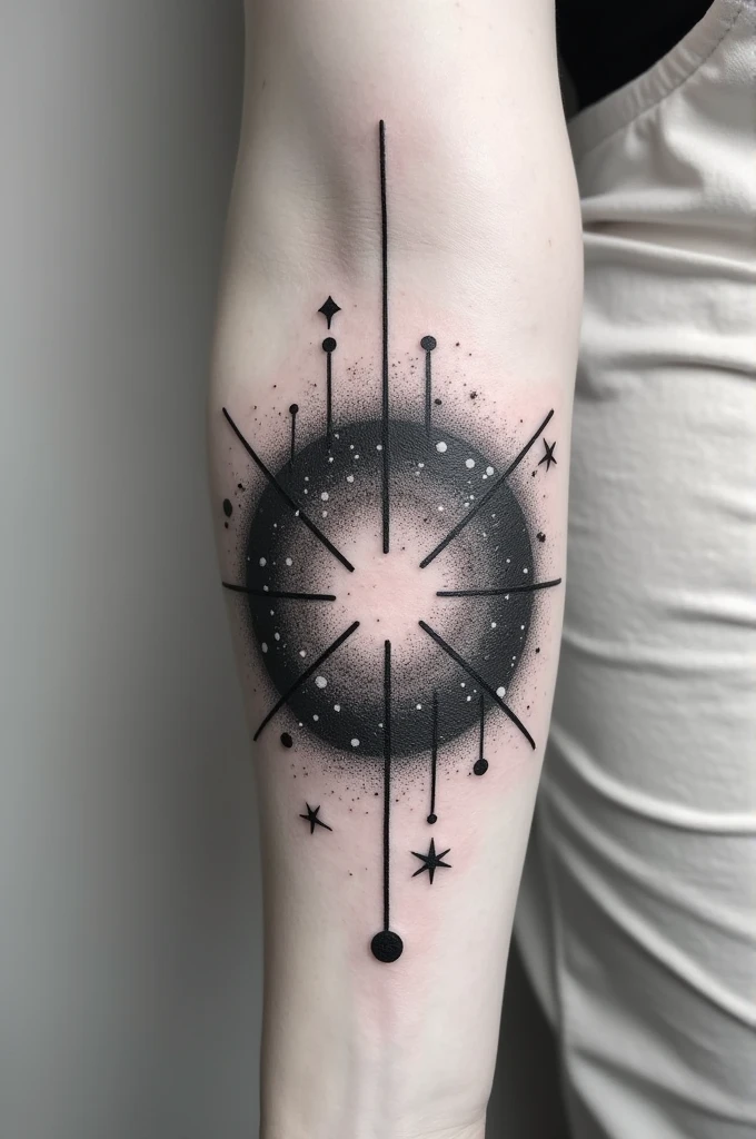 Black and white fine line tattoo with universe and atoms