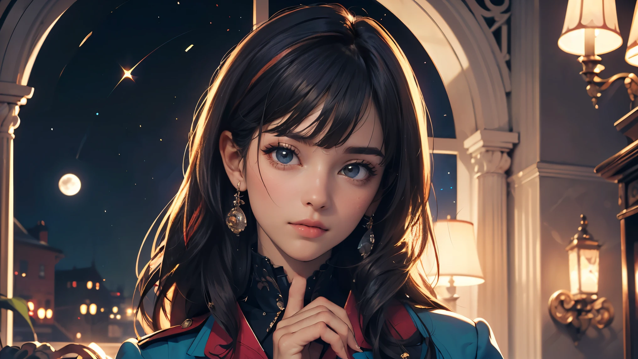8K, Best Quality, 1girl, how the moon in her hand, (skindentation), Night, (Dark), Clear Background Indoors, (People), Beautiful Bangs, Gorgeous,, (Clothing and Uniform:1.3),Soft Lighting, Attractive, Dark Room, (Mouth Closed:1.2, Beautiful Eyes, Detailed Eyes, Detailed Iris, Beautiful Lips, Beautiful Nose, Beautiful Face),(Primary Colors:1.5)
