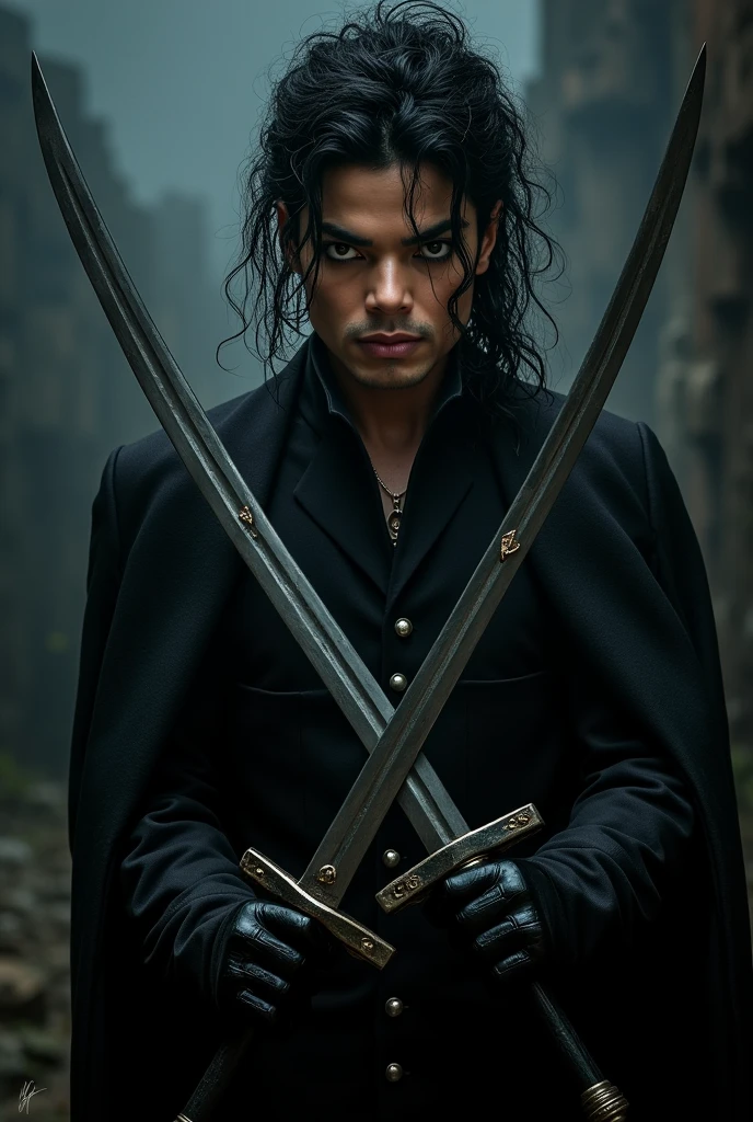 Michael Jackson holding swords in the shape of "X", dark fashion environment 