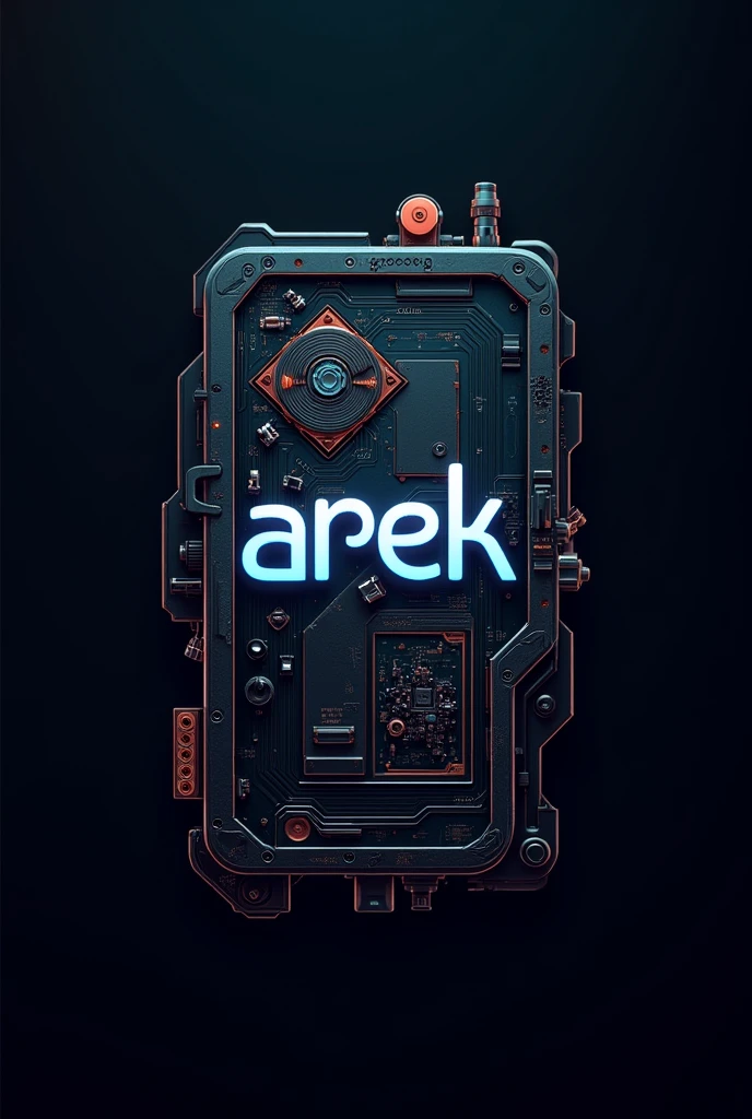 logo "AREK SELL" artistic writing with cool background dark background, mesin handphone, board mesin handphone,,schematic handphone,cyberpunk
