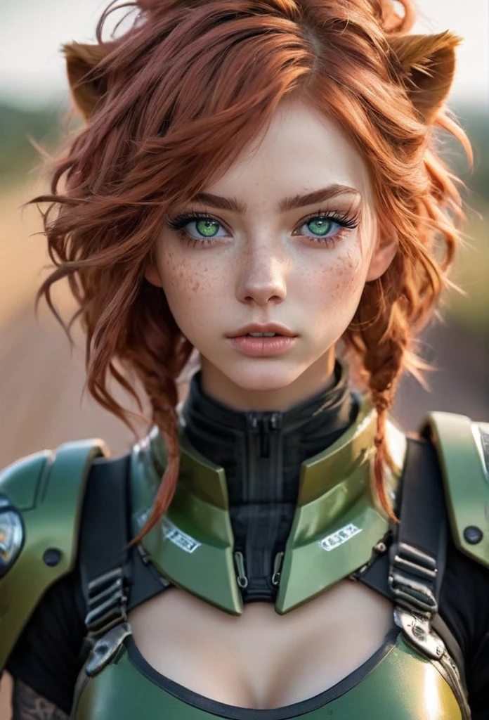 muito detalhado, 16K high resolution, incredibly detailed image, filmic, best quality, ​masterpiece, realisti, detailed face, detail-ful background, dramatic lighing, Girl, 20yo, alone, beautiful, ginger red hair. The hair is long, wavy and a bit messy. Extremely detailed facial expressions with sharp, piercing, radiant green eyes. A delicate, slightly cheeky, cute face, discreetly made up. She is tattooed and pierced. She has super extremely small breasts and a super slim to thin figure. In good shape. (A summery, light summer dress in boho style. cremefarben, beige, playful lace, ankle-high biker boots in black), Tourist in Afrika, on Safari, a pride of lions in the background