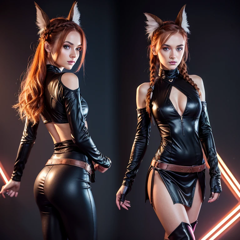neon laser lights, techno chick, kiper, acanthus, adansonia, ponderosa, segolily nose, lupine, irish genes, dark hazel eyes, scottish nose, high forehead, beady hazel eyes, ginger, sexual hunger, skinny female magician, rough skin, copper hair, cyberposh, deep eye pits, pale-pink skin, slender body, fine detail, dragon ears, accordion high-low handkerchief skirt, leggings, halterneck wrap top, slingback thigh high boots, braids
