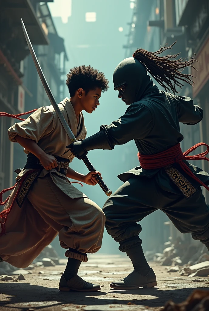 Fight between a black boy with Karl written on his samurai outfit and a big black boy with Alex written on his ninja outfit