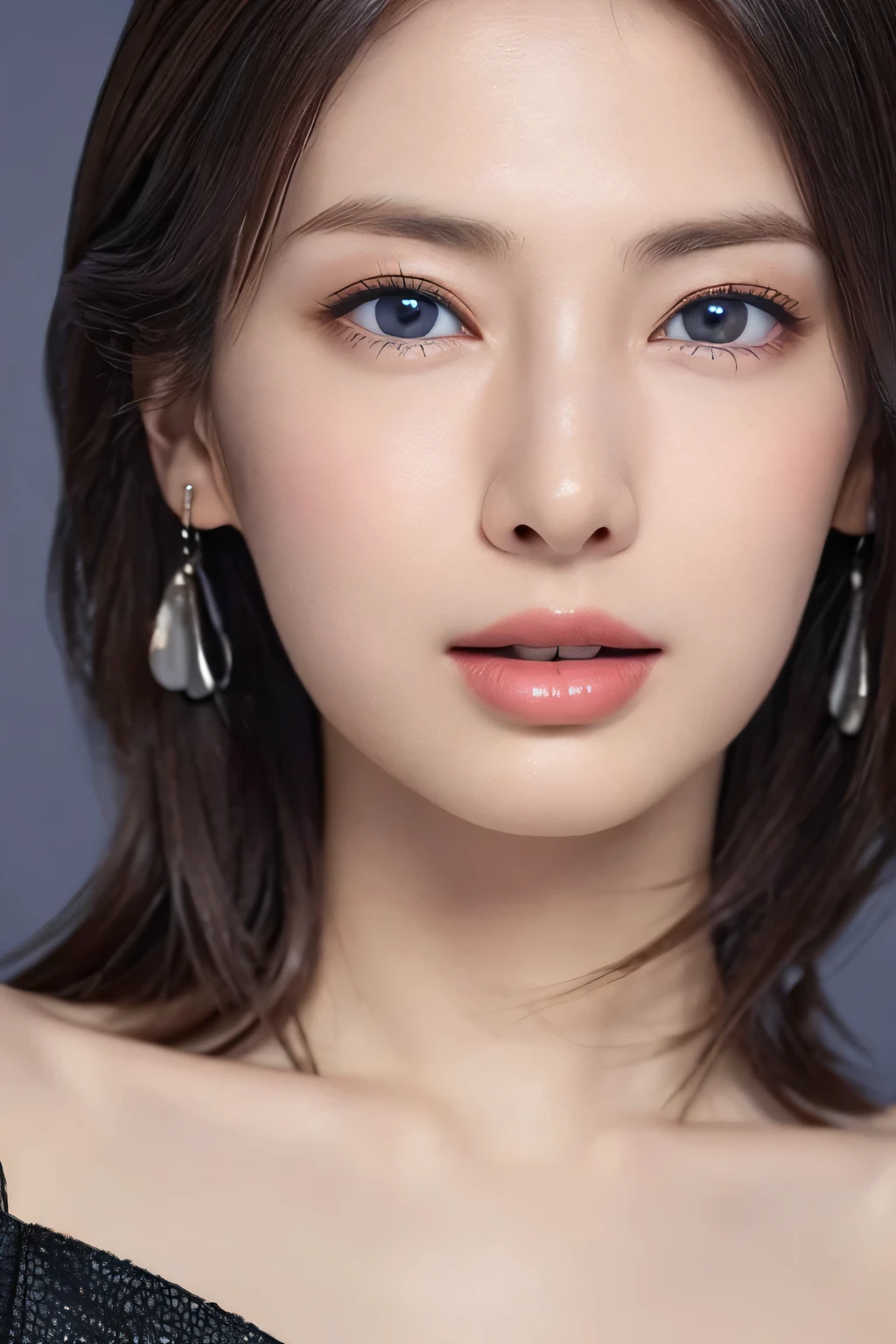 (Wearing a semi-transparent black dress with off-the-shoulder straps)、、(フォトRealistic:1.4)、(ハイパーRealistic:1.4)、(Realistic:1.3)、(Smooth Lighting:1.05)、(Improving the quality of cinema lighting:0.9)、.32K、One person、20 years old、Realistic Lighting、BackLight、Face Light、Light、(Bright light:1.2)、(Image Quality Enhancement:1.4)、(Realistic skin texture of the highest quality:1.4)、Detailed drawn eyes、Face drawn in detail、(Big Blue Eyes)、Face close-up、A shirt that shows a large cleavage、(Accentuates body lines:1.1)、(Beautiful and smooth skin:1.1)