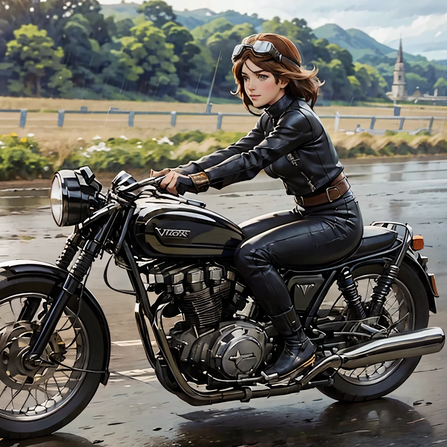 Vintage Bikes、victory、Isle of Man Races、(A young female rider speeds along on a motorcycle)、Leather jumper、Cromwell helmet with goggles、After the Rain、English countryside、