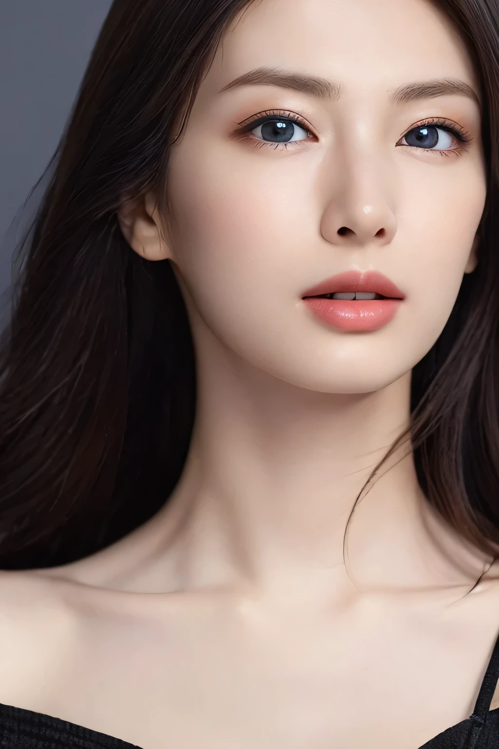 (Wearing a semi-transparent black dress with off-the-shoulder straps)、、(フォトRealistic:1.4)、(ハイパーRealistic:1.4)、(Realistic:1.3)、(Smooth Lighting:1.05)、(Improving the quality of cinema lighting:0.9)、.32K、One person、20 years old、Realistic Lighting、BackLight、Face Light、Light、(Bright light:1.2)、(Image Quality Enhancement:1.4)、(Realistic skin texture of the highest quality:1.4)、Detailed drawn eyes、Face drawn in detail、(Big Blue Eyes)、Face close-up、A shirt that shows a large cleavage、(Accentuates body lines:1.1)、(Beautiful and smooth skin:1.1)