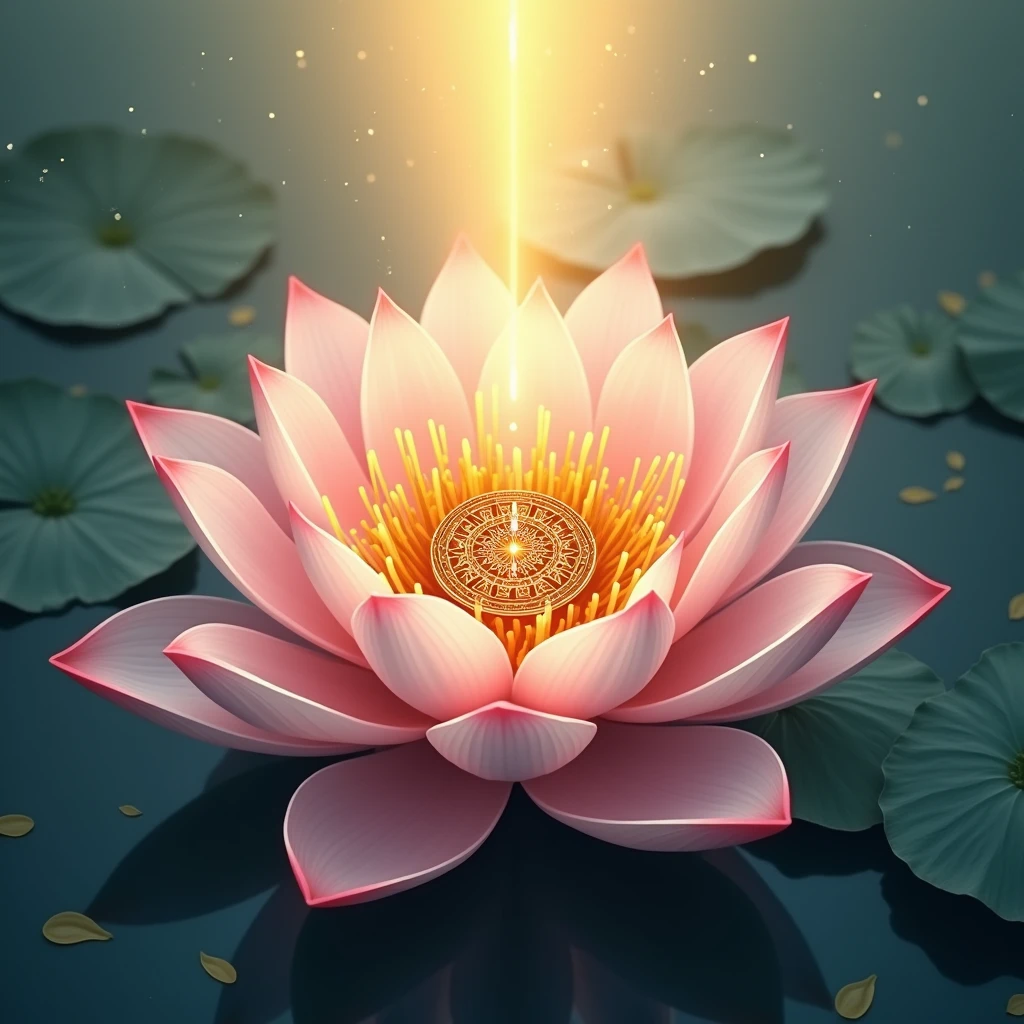 Design a captivating profile photo featuring a stylized depiction of a sacred lotus flower, symbolizing purity and divine knowledge. In the center of the lotus, place an emblematic, ornate icon representing ancient Indian wisdom, such as a stylized manuscript or a mystical symbol from the Puranas. Surround the lotus with subtle golden rays or divine light to create a glowing effect. The background should be a soft, mystical gradient that complements the lotus and emblem, creating a balanced and visually appealing profile photo.