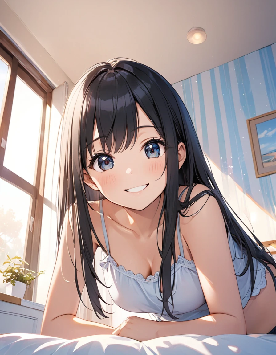 Girl, cute, lovely, from chest to head, smiling, straight hair, long hair, black hair, bedroom, morning, sunny, from below, looking down at us, camisole, looking at the camera, leaning forward, peeking