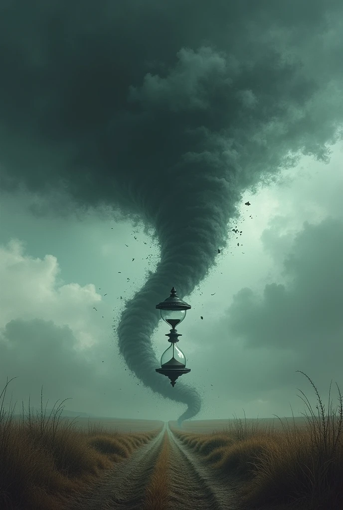 An hourglass in the middle of a tornado, dystopian background with a storm falling on a field