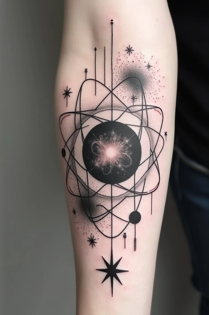 Black and white fine line tattoo with universe and atoms