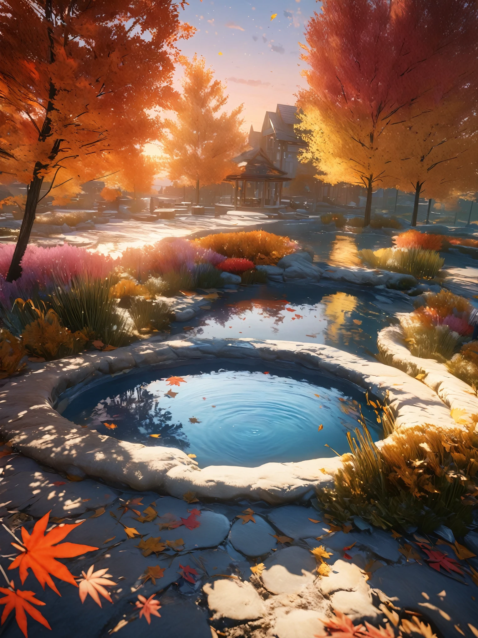 DIY16，best quality, Ultra HD, masterpieces, 8K, Practical, Anime style, 3D Rendering，(Pond in the evening:1.2), (8K, best quality, masterpiece:1.2), (Ultra-high resolution:1.0), Extremely bright design, Soft colors, (ink:1.3), Autumn Lights, High Detail, dramatic, photoPractical painting art
