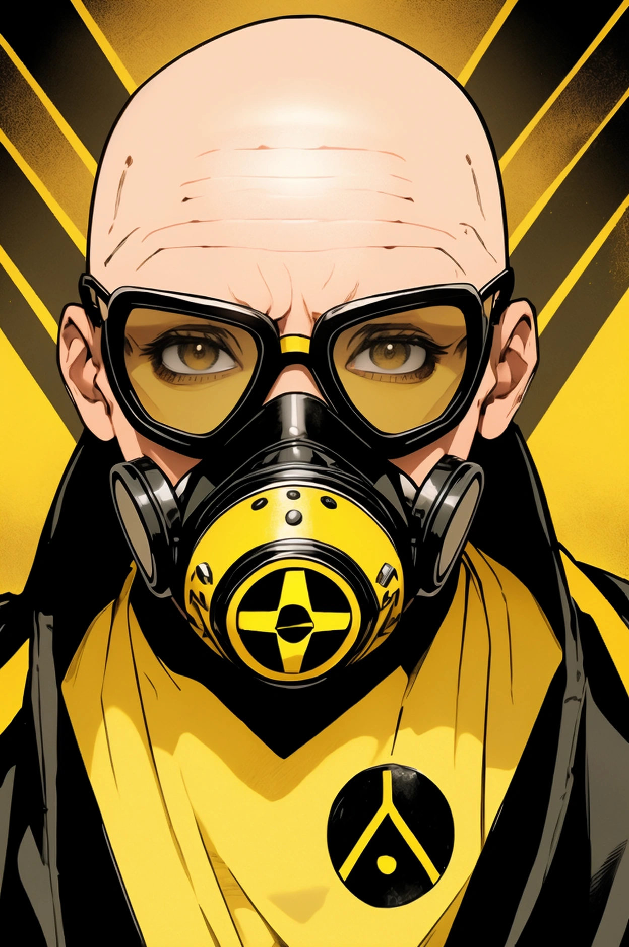 BALD MAN THIN STRONG GLASSES with black frame YELLOW hero, DARK glue , YELLOW TRIANGLE on the chest, ARTPOP gas mask