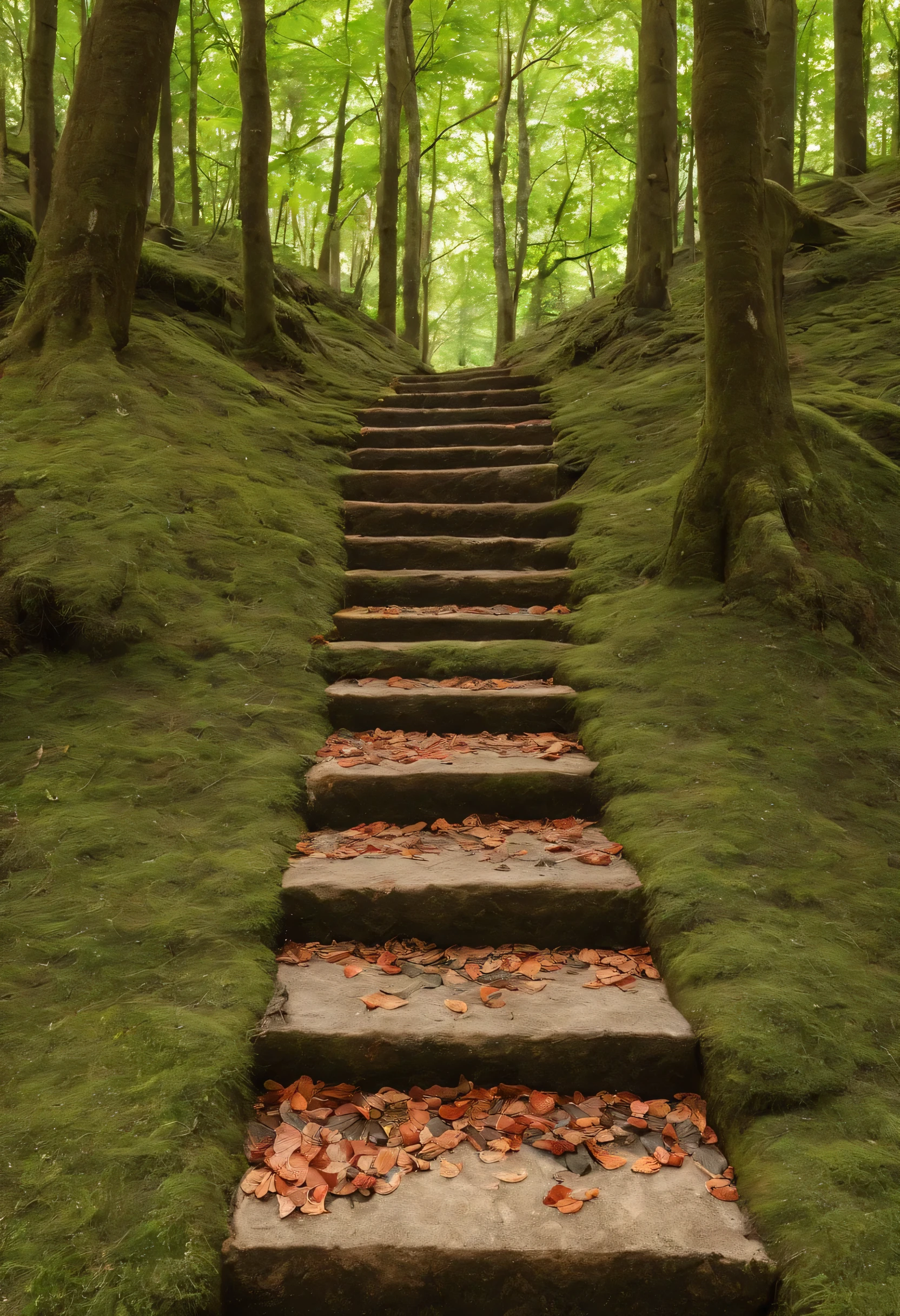 Close-up of stone steps in the forest that have fallen to the ground, beautiful stools, Steps, 400 steps, stairway to Heaven, staircase, magical leafs falling, By Kan'o Tan'yū, 🕹️ 😎 🚬, staircase from hell to heaven, aomori japan, amazing composition, steps leading down