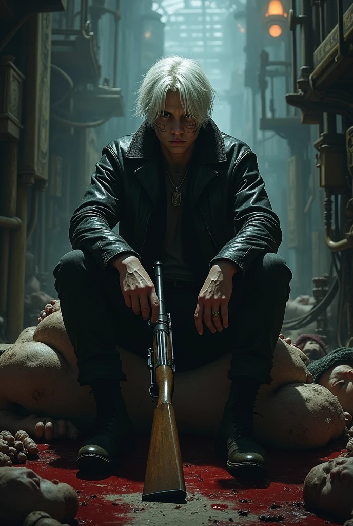 León s Kenedy resident evil 4 skin simetric face de 
full body pale skin  in real life perfect Jawline, simetric apareance blue eyes photo realistic 
Pale hair ,AND add zombies in the background 


