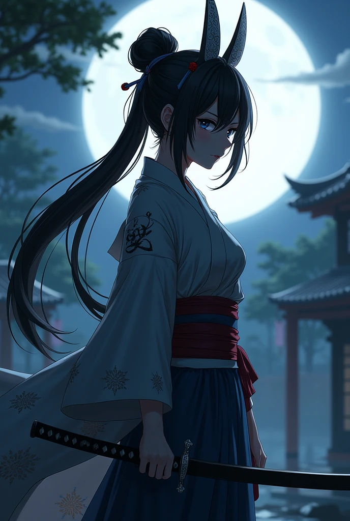 Wear a Japanese mask,anime girl,armed,Wielding a katana,The surrounding view is the moon.