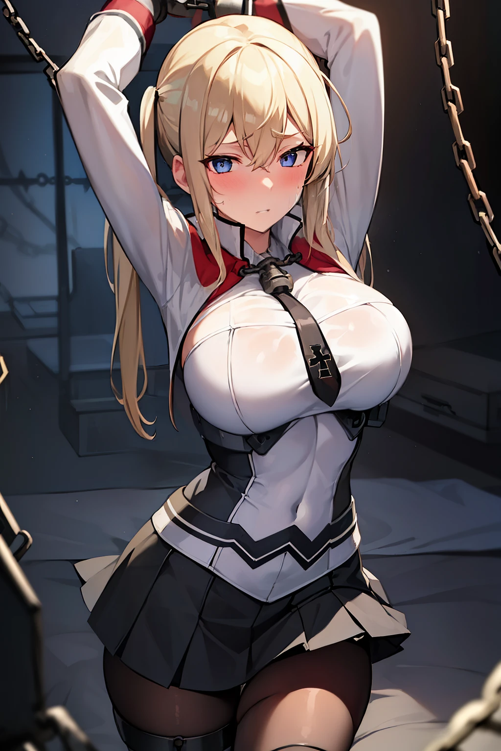 best quality, masterpiece, highres, solo, {graf_zeppelin_kantaicollection:1.15}, blonde_hair, twintails, long_hair, sidelocks, hair_between_eyes, breasts, blue_eyes, capelet, large_breasts, hat, peaked_cap, necktie, military, black skirt, short skirt, black tights, cross, blush, 1girl, looking_at_viewer, military_uniform, uniform, iron_cross, black_gloves, gloves, upper_body, ((((chained_superior)))), ((Arms suspended by chains)), arms over head, large breast, indoor, bed room, cabinet, hanged, standing, shy, scowl, teeth, sweat,