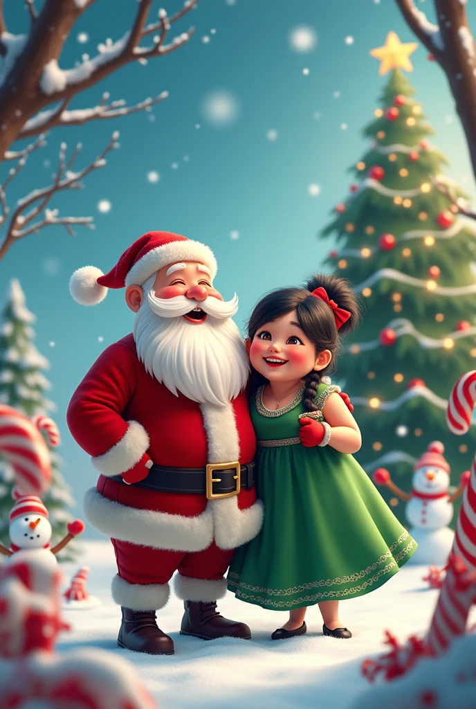 Santa Claus with his chubby wife black hair candy canes snowman snowflakes Christmas tree elves 