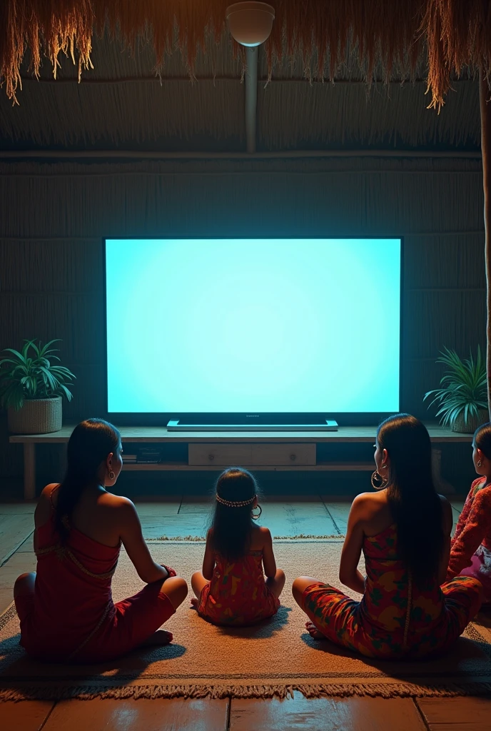 Indians inside a hut watching an 85-inch television