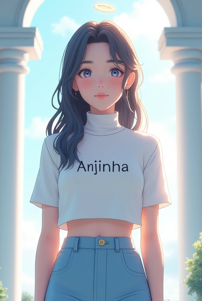 Female character with white turtleneck shirt with name Anjinha in Portuguese with capital letter angelic blue pants anime theme 3d