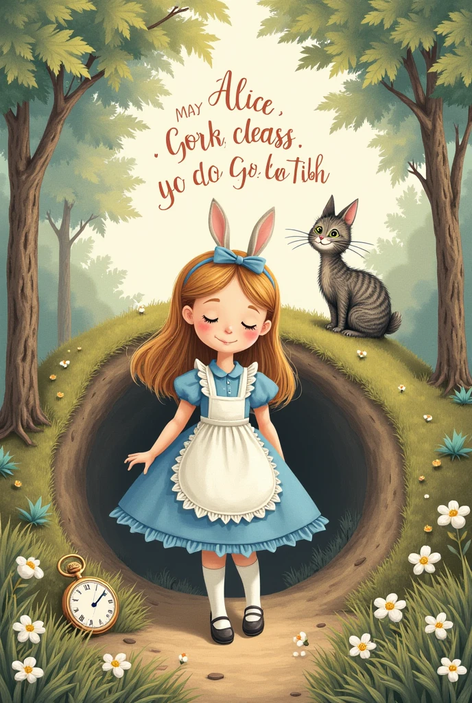make a card to congratulate a newborn with drawings of Alice in Wonderland with the following phrase: Alice, may God bless you with good health, Peace, love and wisdom. the card should follow these guidelines: Alice, the child, with her blue dress and white apron, entering the rabbit hole, The Rabbit Hole, a portal to a magical world. pocketwatch, symbolizing the passage of time and the new life that begins. O Gato de Cheshire, with her enigmatic smile, imparting wisdom.