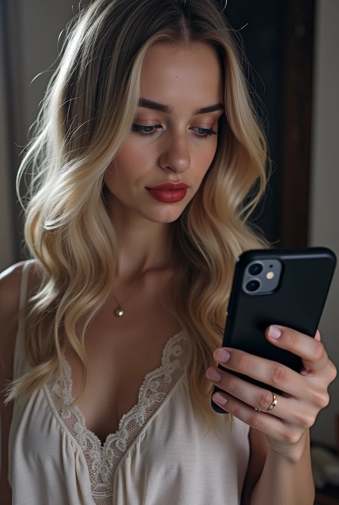 young and beautiful woman, blonde hair hairstyle，It falls softly in waves on your shoulders.., Medium-high, big green eyes, with fair skin, I was in my pajamas, She was in bed, Take care of your hair before bed., The environment is illuminated with warm and pleasant light....，make your hair shine, His face was naturally serene..., looking at mobile phone, lips with red lipstick, texture 8k, very detailed, realistic, soft cinematic light, HDR, Sharp Focus, masterpiece, Фотор realistic, award winning photography, Canon EOS R5, 35 millimeters
