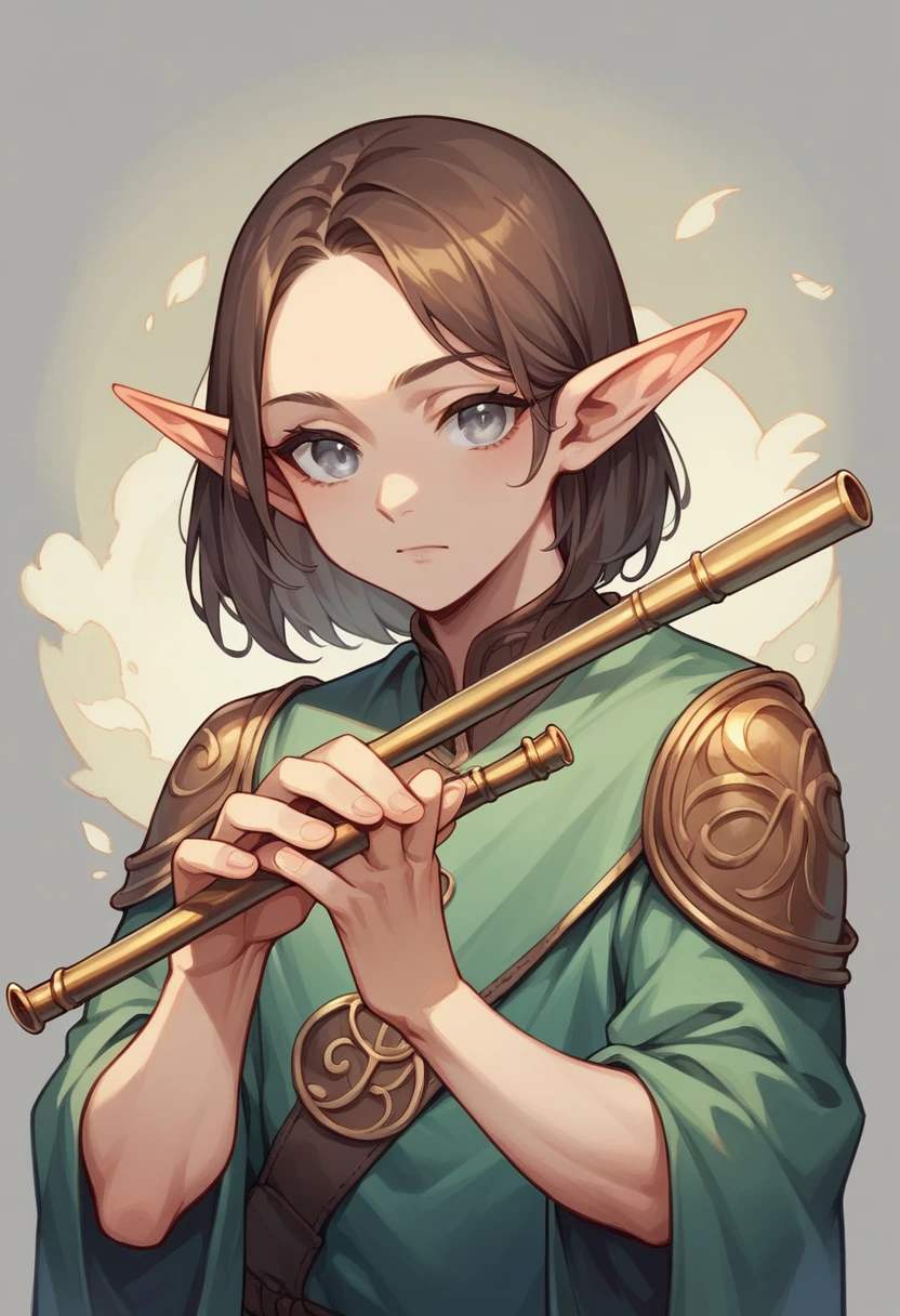 Bard, half-elf, 1 flute, brown hair, silver eyes, perfect hands