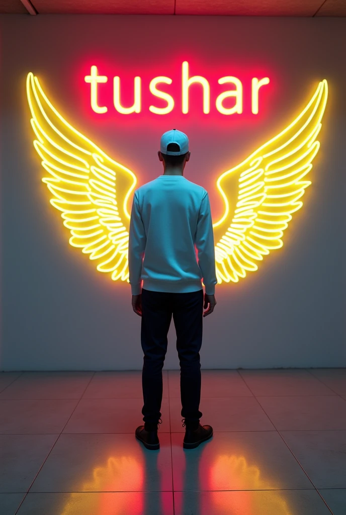 In this striking and futuristic scene, a mysterious individual stands confidently in front of a mesmerizing neon wall. The individual’s casual attire – a white sweater, white cap, black pants, and black shoes – contrasts with the vibrant neon wings in bright yellow, symmetrically placed on either side of the figure. The bold red neon quote “Tushar” adds an inspiring touch to the composition. The floor, made of tiles, reflects the grayish hue of the wall,