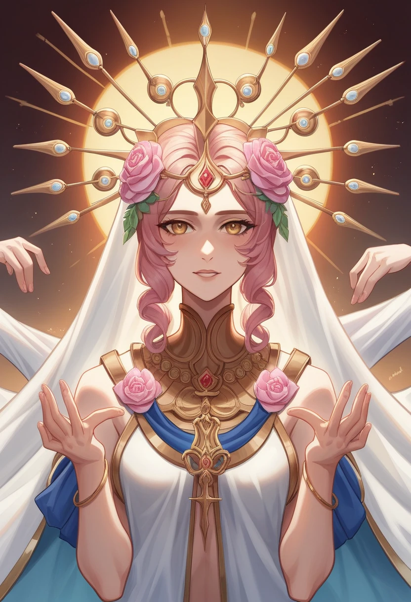 (High-quality cinematic masterpiece), ethereal fantasy, excellent real concubine, masterpiece, high-definition, smooth and sharp, young woman, emphasize the realism of the young woman, erotically dressed, sexy, decorated with ancient Khmer style jewelry, pink flower tucked into the right ear, shiny gold accessories, wearing a unique ancient Thai dress, delicate figure, fair skin with aura, 5 arms on each side, thousand-handed Guanyin, apsara, characteristics of a heavenly goddess, Fantasy, attractive and fascinating, heavenly backdrop, beyond imagination, add mystery to the image, dreamlike atmosphere, belief, legend, heavenly god, faith, goddess