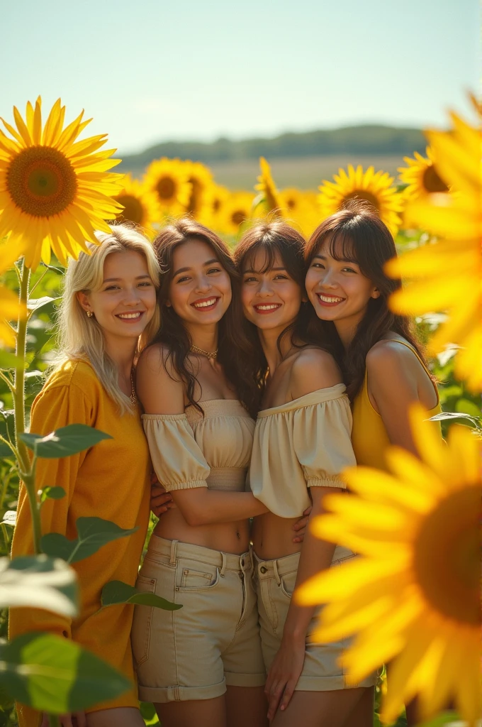 I'm taking photos for a new concept album. Create a concept photo of a girl group posing with sunflowers