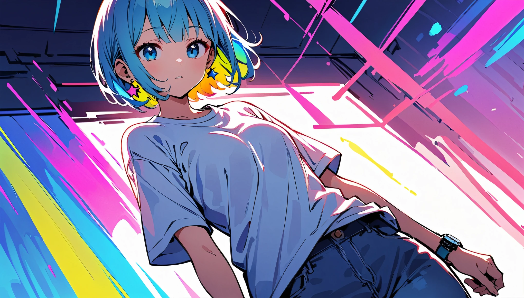 (high quality, 8k, 4K, High Contrast, masterpiece:1.2, 最high quality, Best aesthetics), (Dynamic Angle), ((1 female teen)), ((Plain and bright background)), ((Flat Color)), (White T-shirt on the upper body), ((Plain T-shirt)), (jeans), Looking at the audience, Upper Body, Transparent Background, Sleepy eyes, High Contrast, Contrasting colors, Cowboy Shot, Pale pink and blue lighting, ((Very Short Hair)) , Rainbow Hair, Small star-shaped earrings in both ears, watch, bright eyeshadow, Cool look, Small Tits, Clothes that are wet.　Raining background,　Beam saber in right hand
