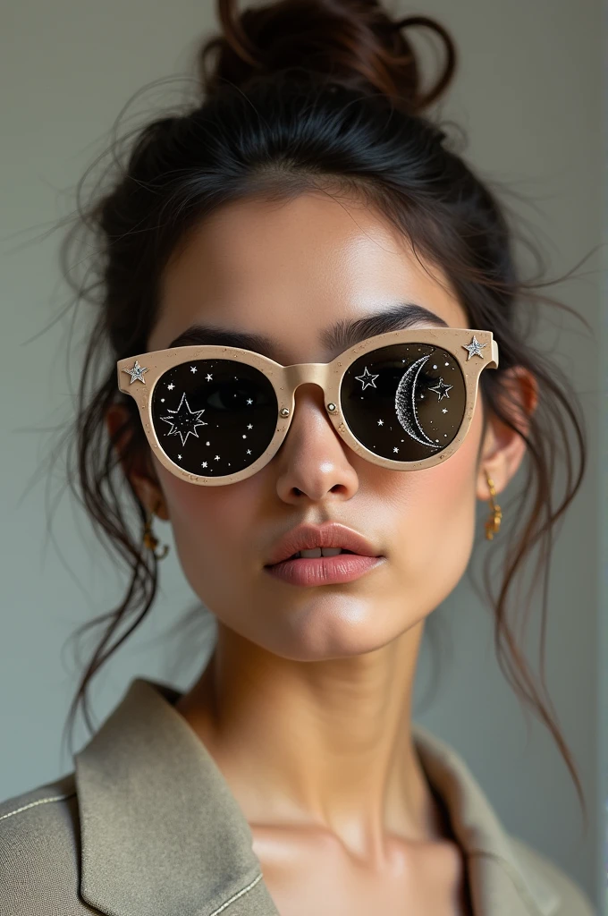 The model is wearing glass sunglasses with stars and the moon on the glass