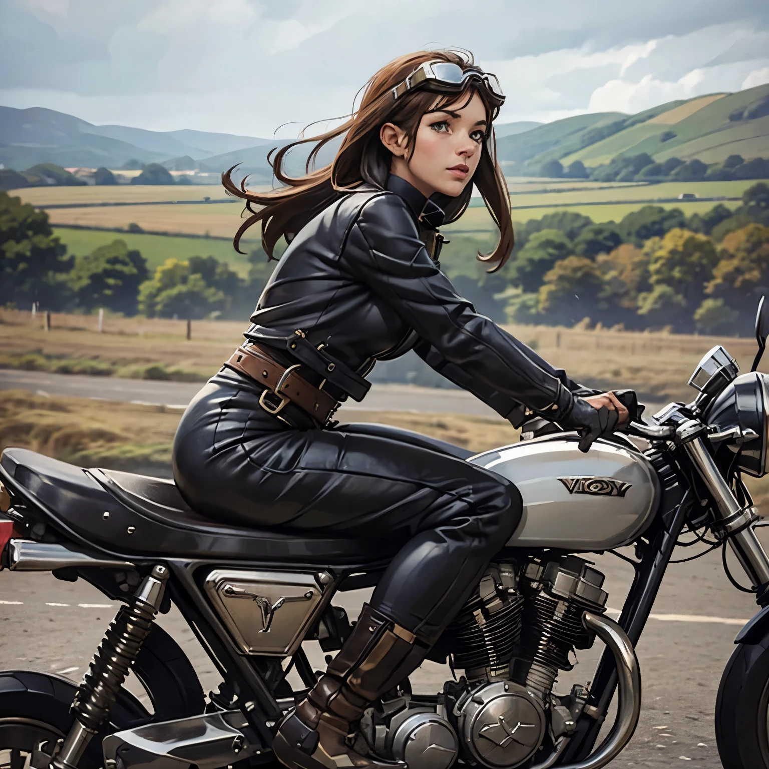 Vintage Bikes、victory、Isle of Man Races、(A young female rider speeds along on a motorcycle)、Leather jumper、Cromwell helmet with goggles、After the Rain、English countryside、