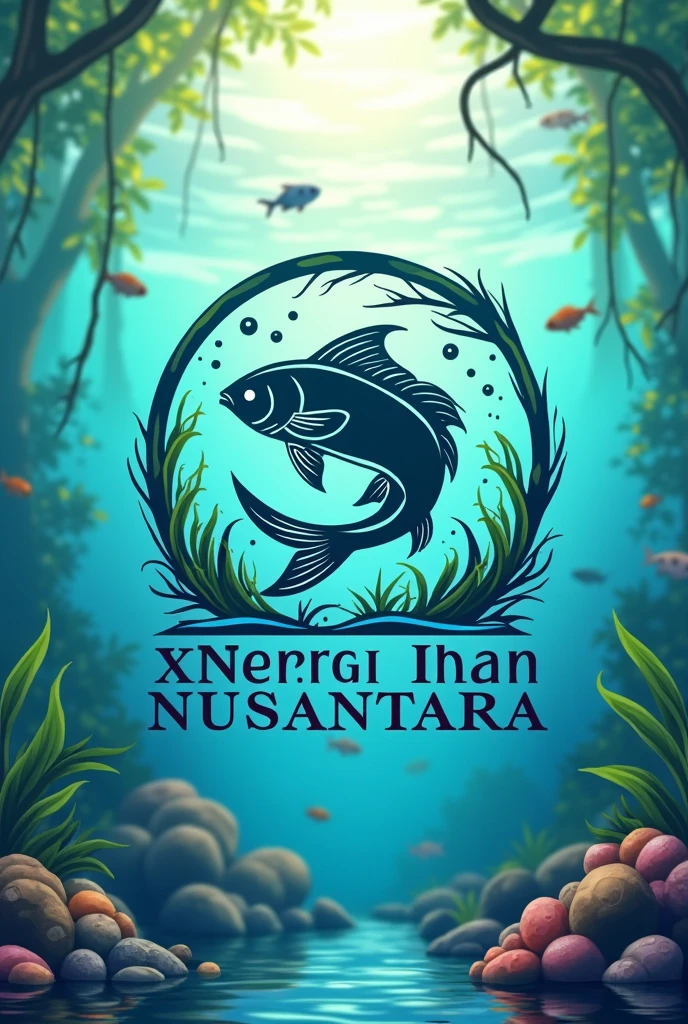 make me a logo for Xinergi Ihan Nusantara, make a background of catfish, water and fish farming