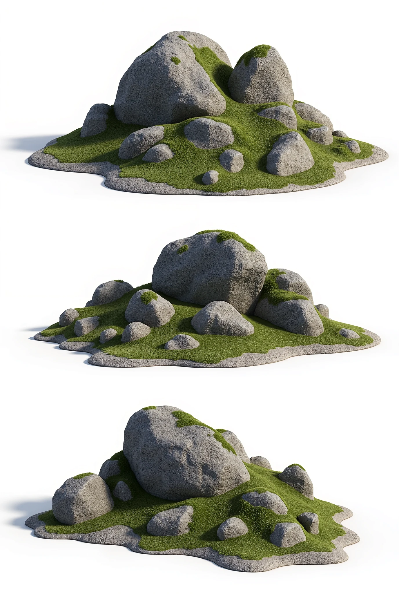 ON A WHITE BACKGROUND Create 3D reference props of various rock formations, with moss, without any moss, rough. Rendering for presetantion 3D reference, ONE NVIDIA RTX render, Ultra-detail, uhd