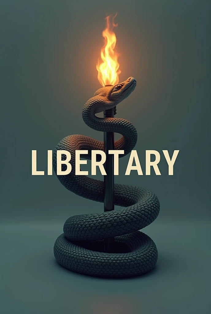 Cobra snake wrapped around a torch similar to the Statue of Liberty&#39;s torch, with capital letters in the middle of the image "libertary news" . Minimalist profile