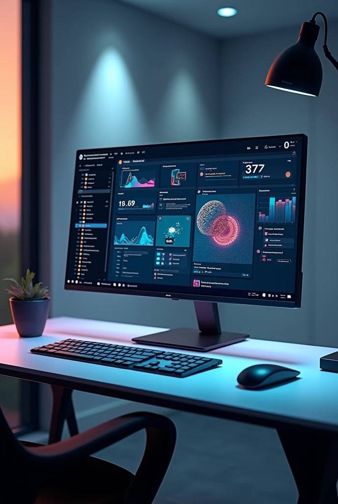An image of a modern desktop with a computer and open office software, showing AI elements, as a virtual assistant or automated data analysis.