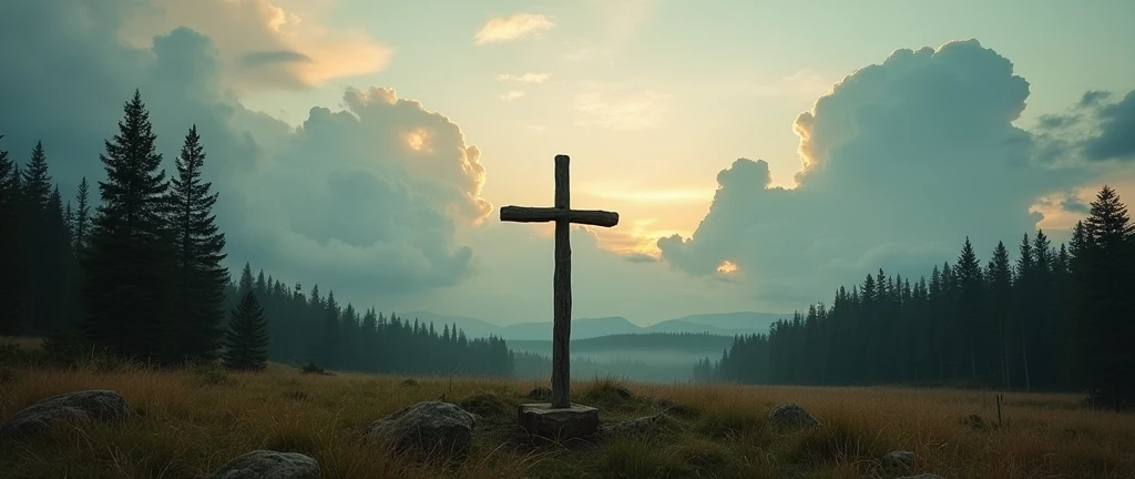 Long exposure shot of a peaceful pine forest, with dark green trees and a rustic wooden cross in middle the foreground with huge cloud. The scene is bathed in warm, soft light, creating a welcoming and tranquil atmosphere