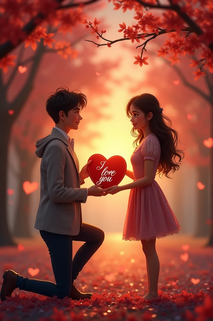 A boy and a very beautiful girl with cute face ....a boy is bending down on his knees in front of her and proposing her by displaying her a red card where I LOVE YOU is written with a beautiful calligraphy and in a big letters..and a girl is staring at him with a gentle smile on her face ....this is a evening