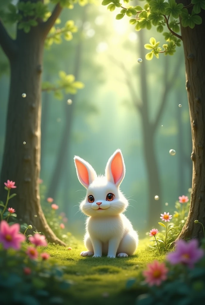 
Image: A small forest with trees and colorful flowers, and a white bunny in the center
