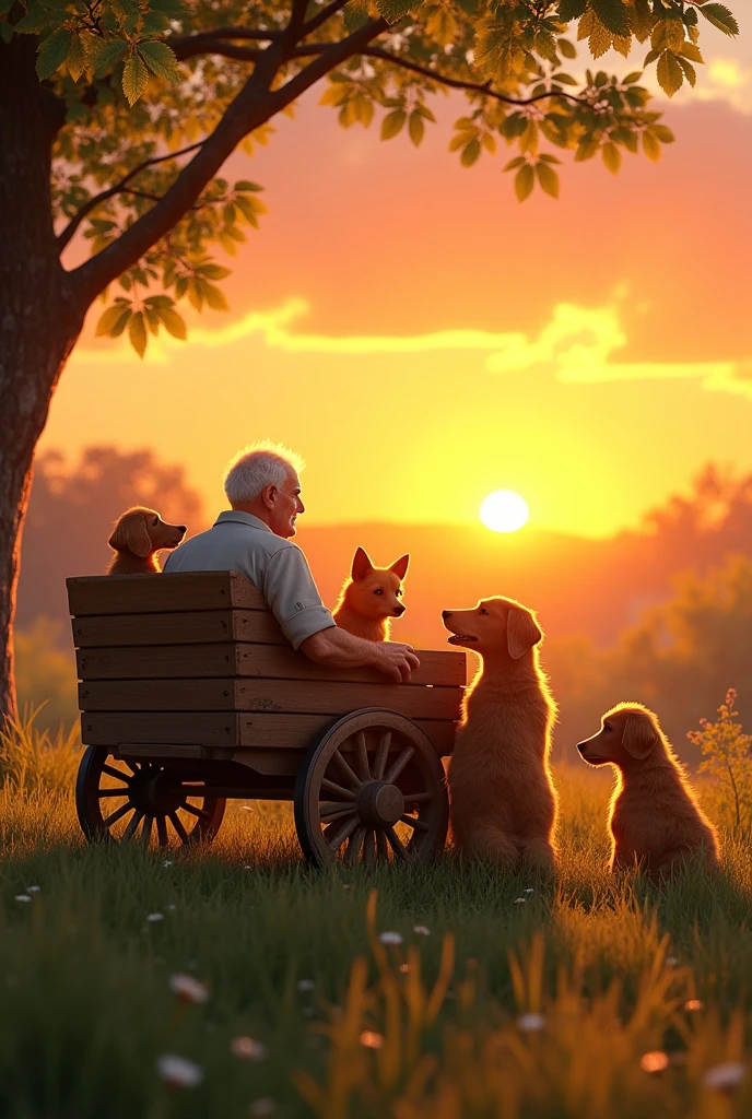 sunset, summer, dogs, cart, grandfather