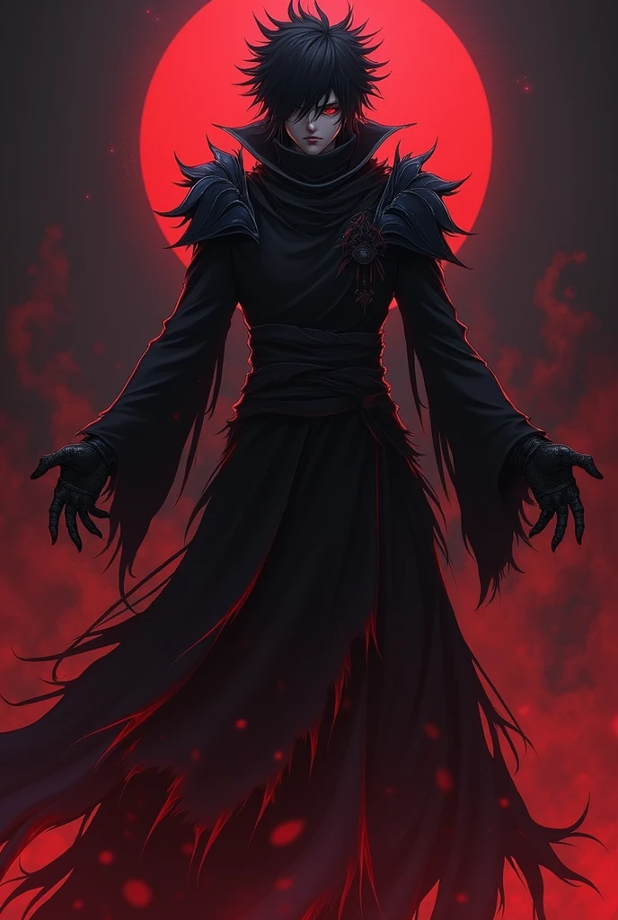¡
**hair**: I might have dark, messy hair, with pointed tips resembling flames or shadows, giving it a dynamic and powerful look. 2. **CLOTHES**: He would wear a long, dark cloak, maybe with red details, that floats dramatically around him. The clothing could be a warrior outfit, with stylized armor on the shoulders and arms. 3. **Accessories**: I could wear a pair of gloves with shiny details, and maybe a mask that covers part of your face, adding a mysterious air. 4. **Posture**: I would be in an action pose, with arms outstretched, as if he were invoking power or controlling dark elements. 5. **bottom**: A dark background or red and black tones, that highlights the contrast with the character, giving a feeling of intensity and strength. This would give it a very exciting and visually appealing anime touch.. Would you like to add any more details??