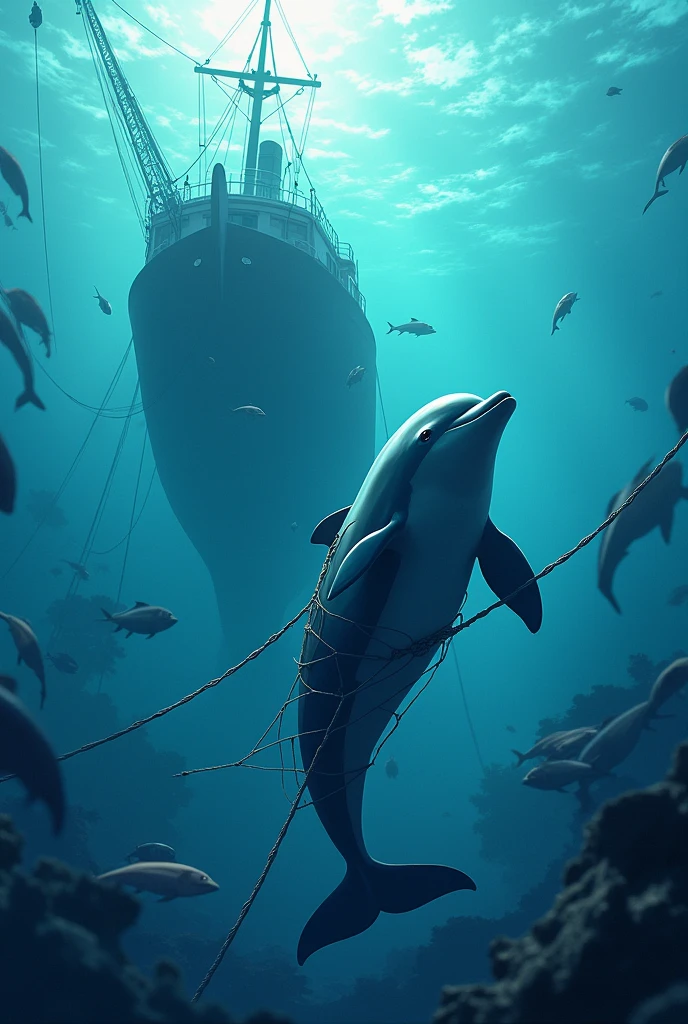 dolphin with its tail caught in a net in the sea of a huge fishing vessel of fish underwater, less dark image for children