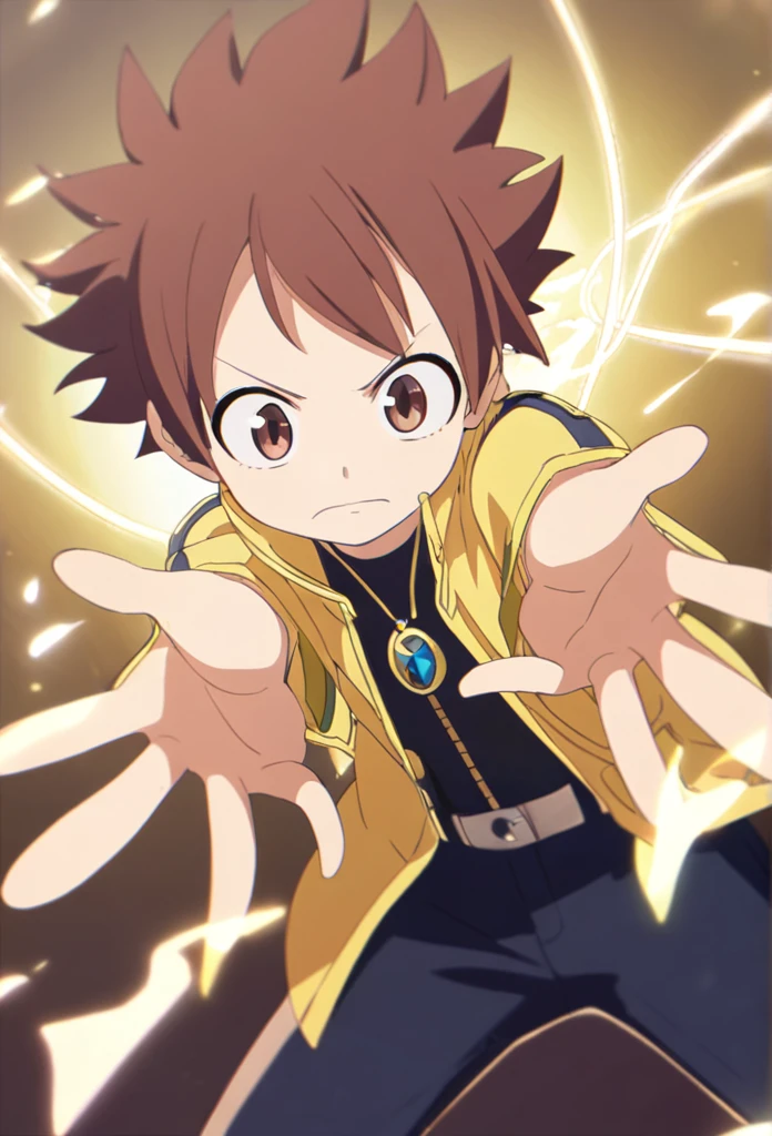 1boy, solo, litle, fairy tail, brown hair, brown eyes, yellow jacket, black Pants, hourglass pendant, open hands, arrogant appearance, golden magic