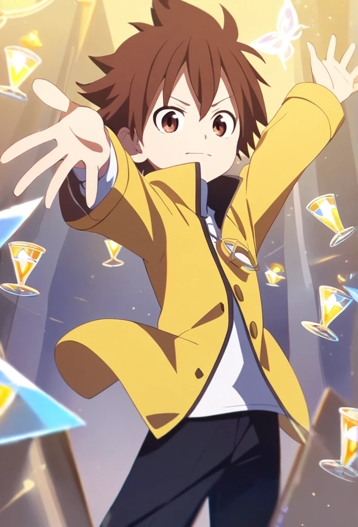 1boy, solo, litle, fairy tail, brown hair, brown eyes, yellow jacket, black Pants, hourglass pendant, open hands, arrogant appearance, golden magic
