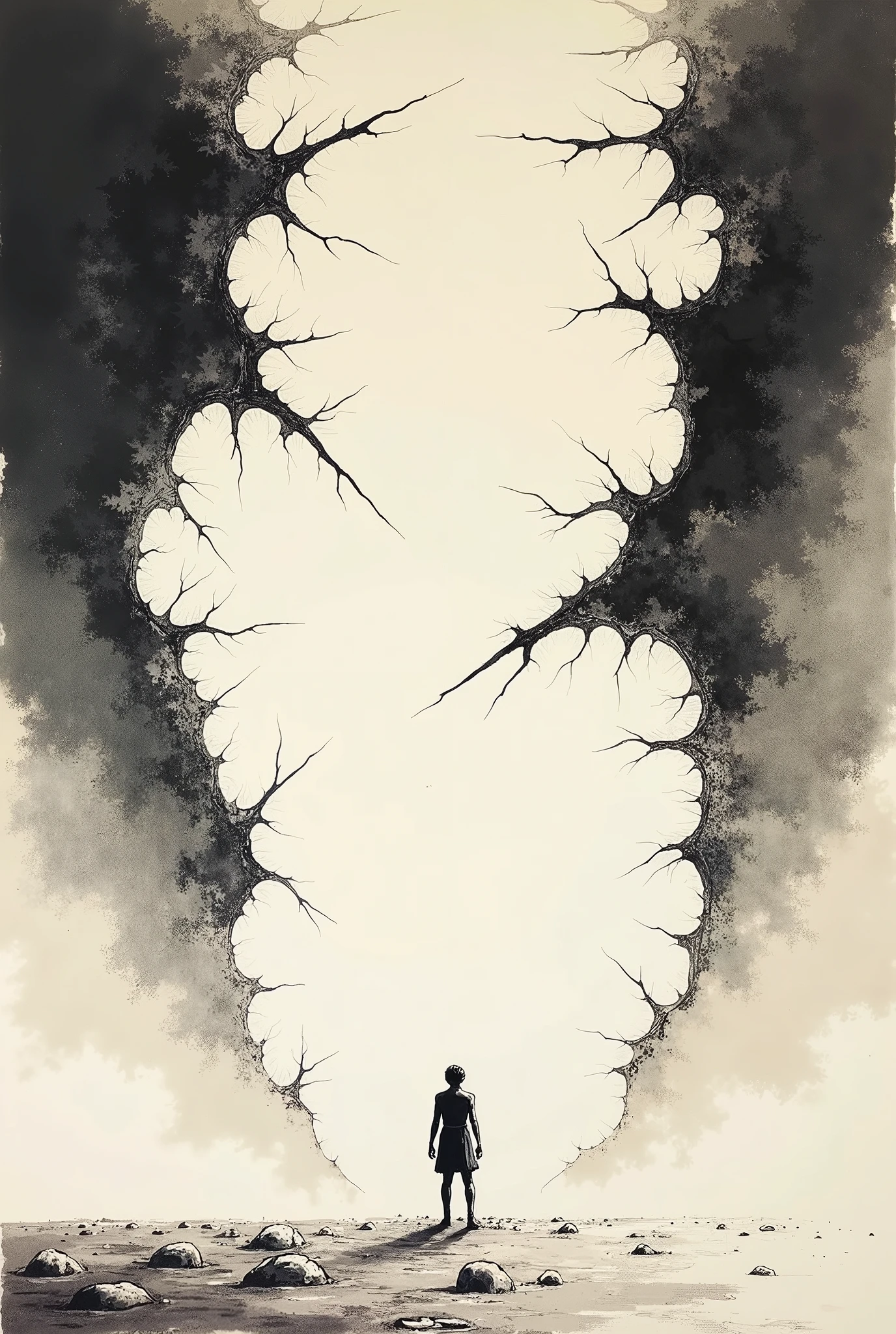 Ink Painting。Background is the collapse of the sky。Size is 600*800 pcs。The sky above cracked，160pk。Below is the broken earth 200pk。A person standing on the ground，Knee bending，High 80pk。The scene was very shocking，There are relatively few ink strokes.，Simple and atmospheric。