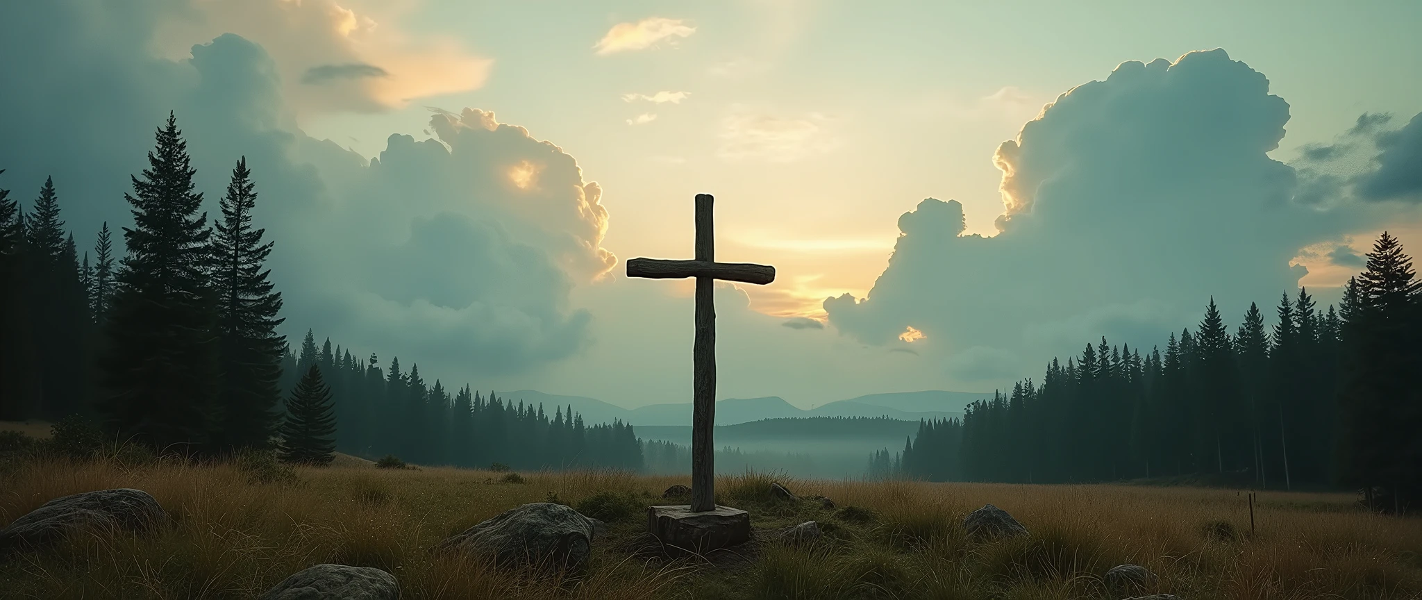 Long exposure shot of a peaceful pine forest, with dark green trees and a rustic wooden cross in middle the foreground with huge cloud. The scene is bathed in warm, soft light, creating a welcoming and tranquil atmosphere
